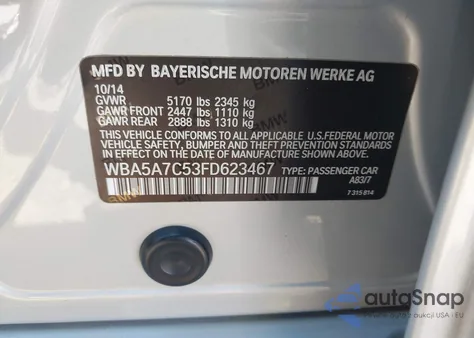 2015 BMW 528I xDrive z USA, uszkodzony, nr VIN WBA5A7C53FD623467